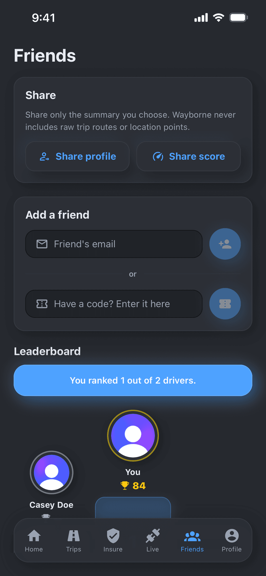 Wayborne friends screen showing a leaderboard and sharing controls