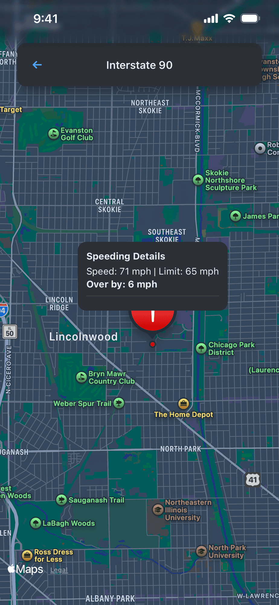 Wayborne trip detail map for a drive on Interstate 90, with a speeding event pinned to the route showing 71 mph in a 65 zone